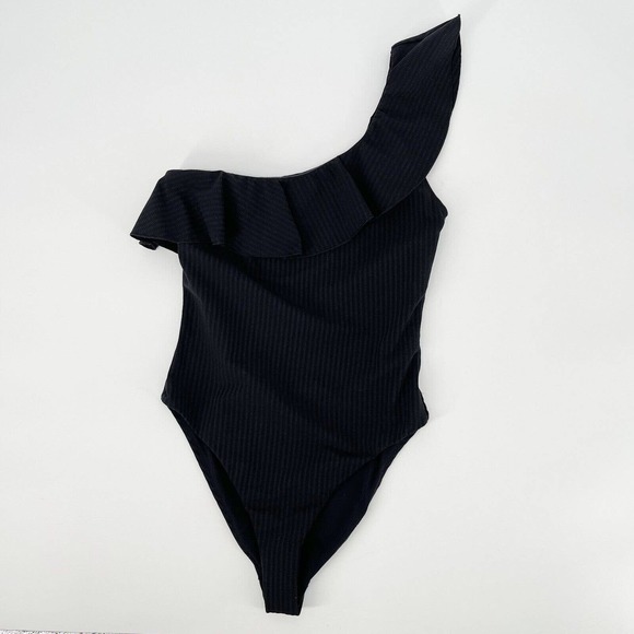 Zara Swim Zara One Shoulder Ruffle Swimsuit Sz M Black Ribbed